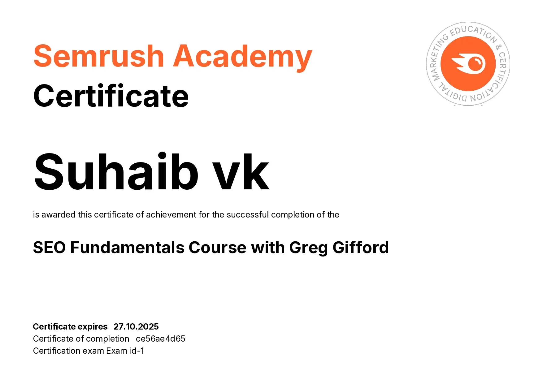 Best freelance digital marketer in palakkad kerala - semrush certificate.