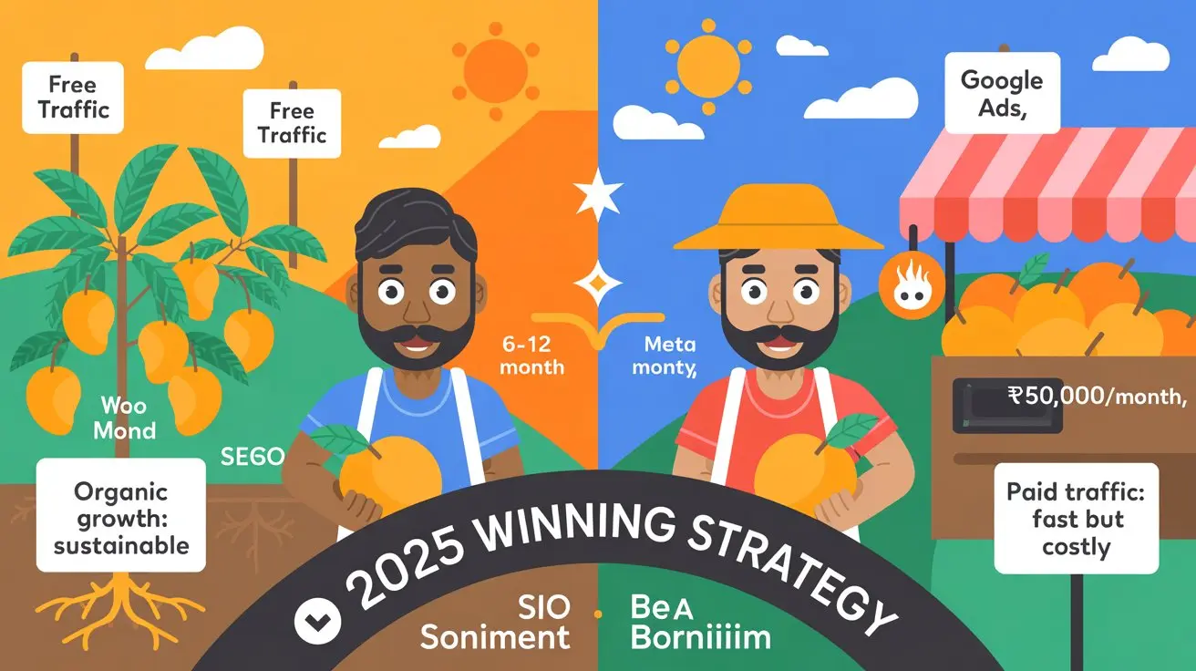 A comparison of organic SEO growth and paid advertising strategies illustrated with two farmers and mango trees.