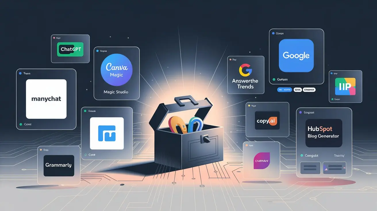 A digital toolbox surrounded by logos of popular AI marketing tools like ChatGPT, Canva, Grammarly, and HubSpot.
