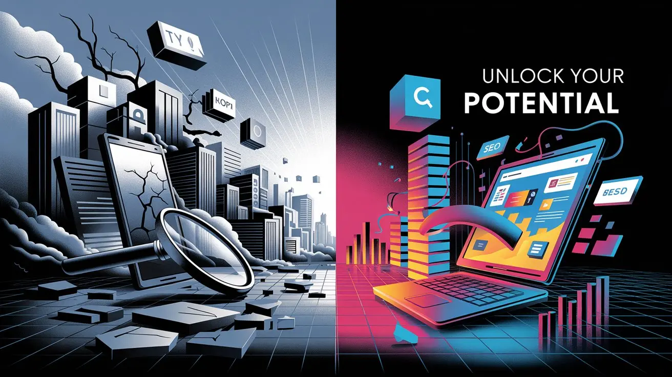 A split-scene illustration showing a crumbling digital city on one side and a thriving SEO-optimized web platform on the other.